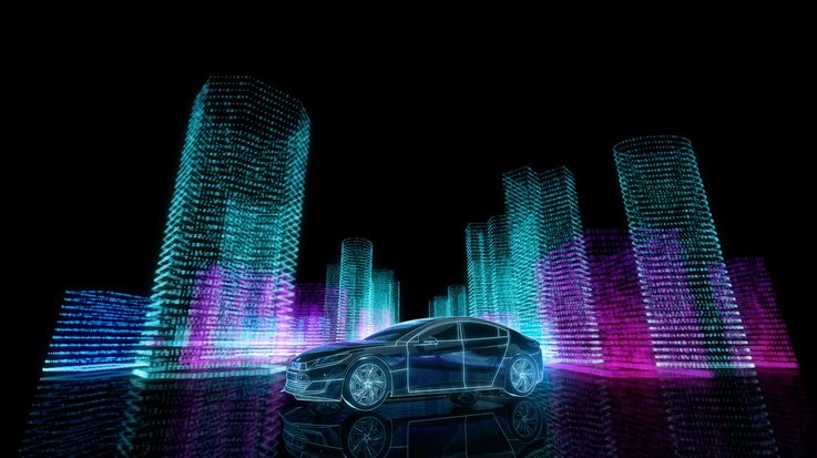Computer simulation of a car standing in front of skyscrapers