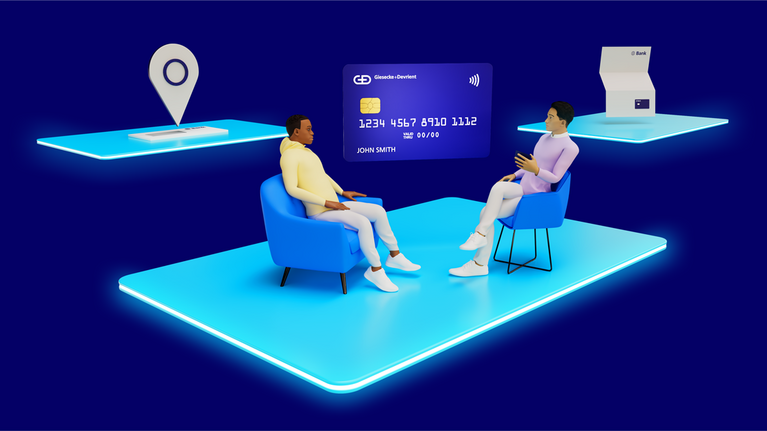 3d model: two persons sitting together with a payment card in the background