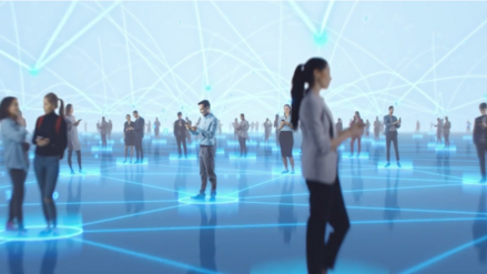 3D model of people standing in a room, talking or operating their smartphone