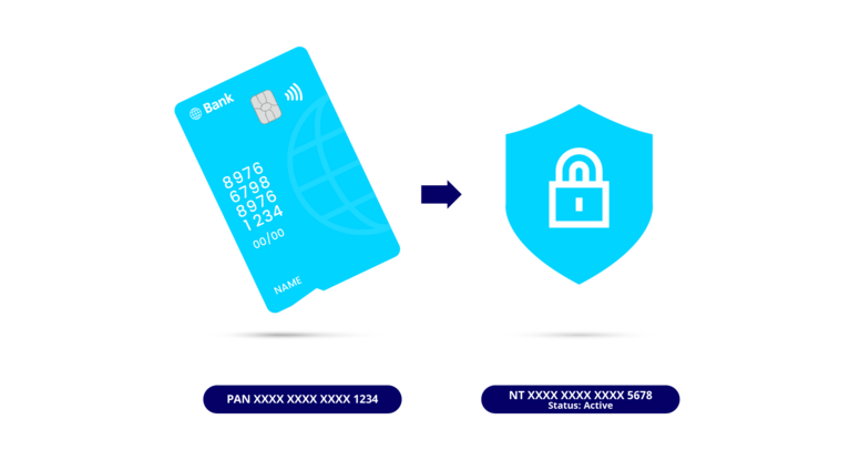 Infografik über Tokenisierung mit Zahlungskarte und Sicherheitsschloss