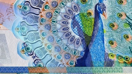 Illustration of a banknote with a colorful peacock and the G+D logo