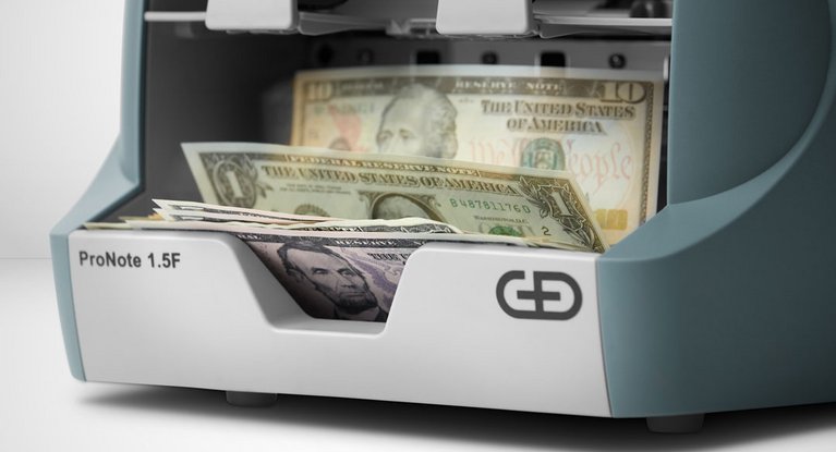 Close-up of the output tray of the ProNote® 1.5 tabletop banknote processing system
