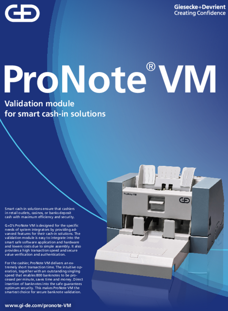 Cover of the brochure for the banknote processing system ProNote VM