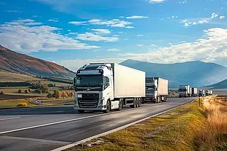 Eine Kolonne weißer Lkw fährt auf einer offenen Autobahn.