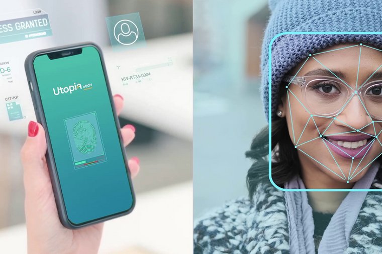 Die linke Seite des Bildes zeigt ein Smartphone mit einer App, die biometrische Daten erfasst, die andere Seite zeigt das Gesicht einer Frau mit digitalen Abtastpunkten
