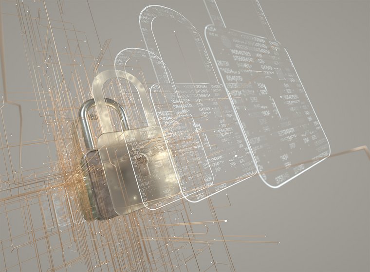 Multiple layers of a transparent and gold padlock with coding written on it, representing post-quantum cryptography