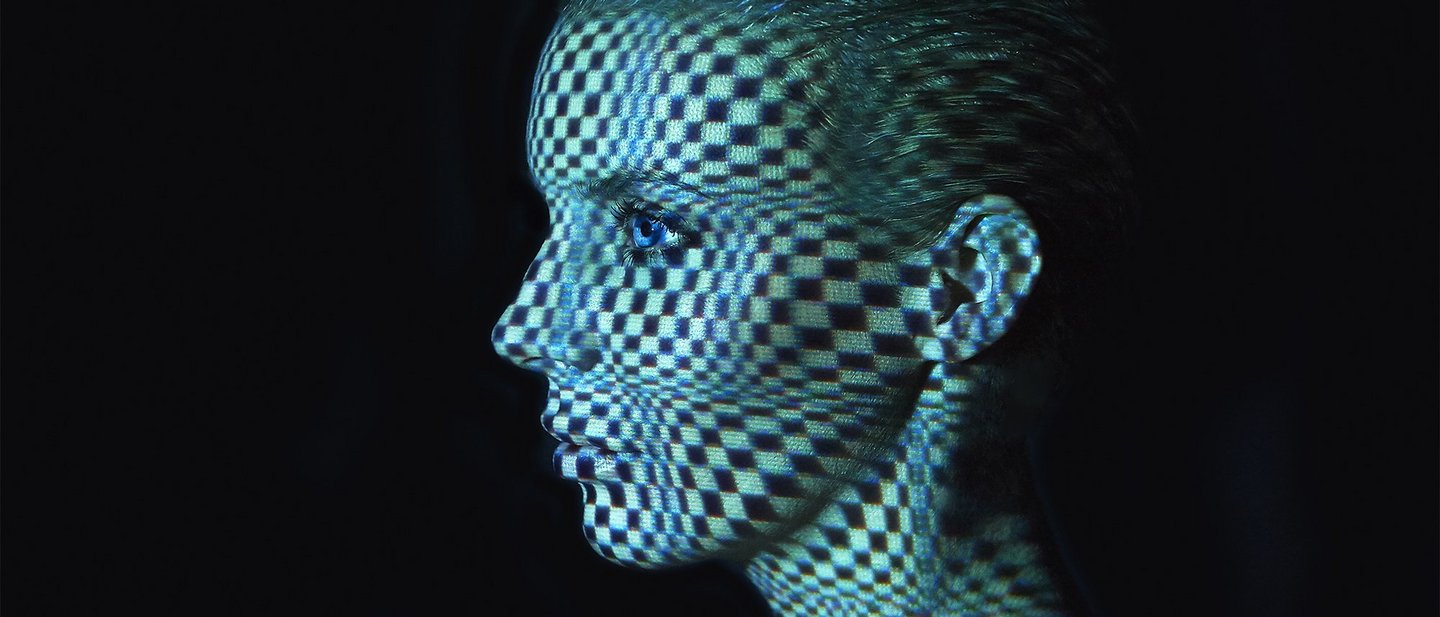 Woman’s face in grid checker light