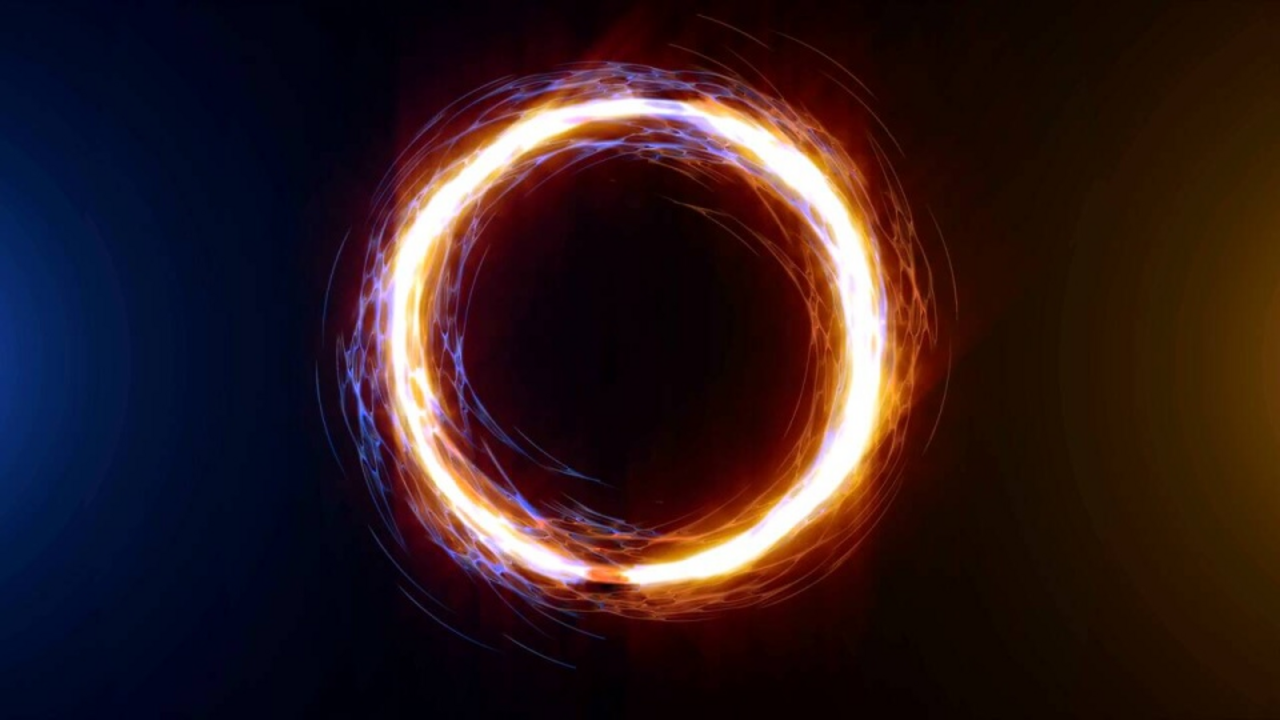 Computer graphics of brightly shining ring on dark background