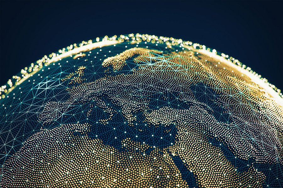 Globe with network infrastructure connecting regions, representing global expansion of fintechs