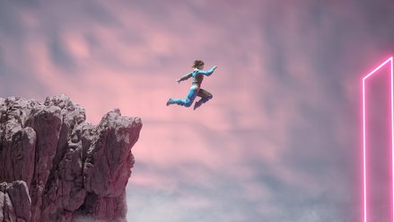 Woman jumps from cliffs into a digital square