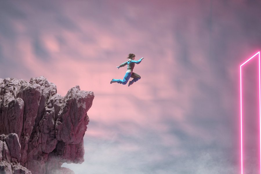 Woman jumps from cliffs into a digital square