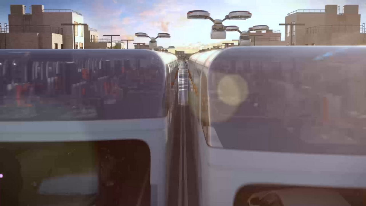 3D-Visualisierung von Bussen, die durch zwei schmale Leisten am Straßenrand oberhalb der im Stau stehenden Autos fahren