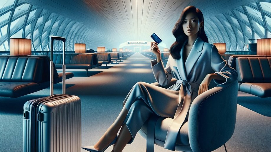 An illustration of a young woman and suitcase in a departure lounge, holding up a travel document