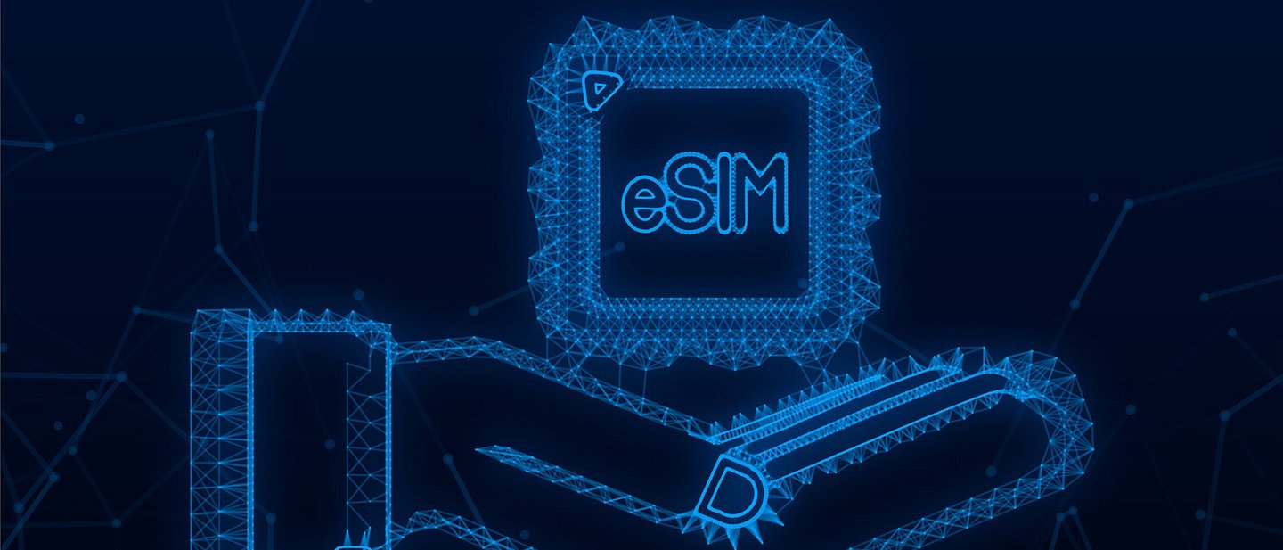 Illustration of a hand with an eSIM card
