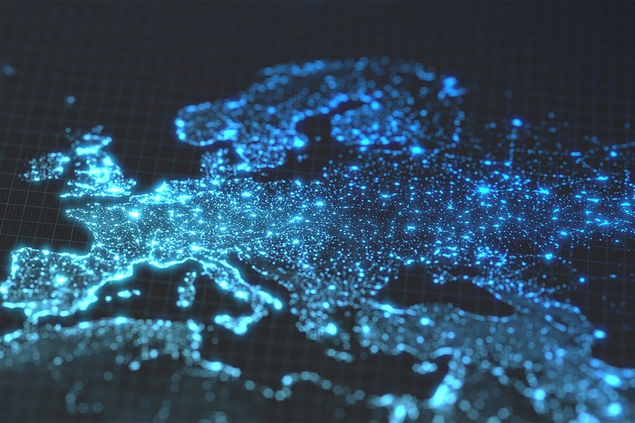 Map of Europe with blue lights on grid background