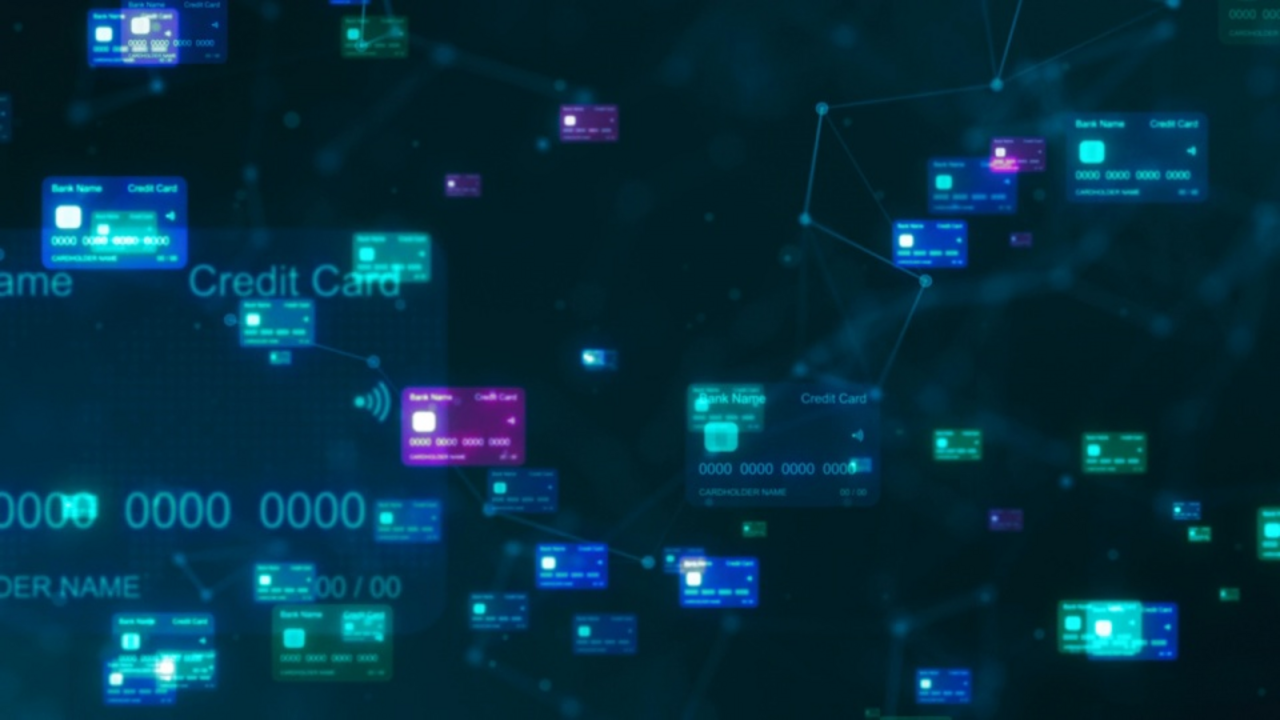 3D visualization of credit cards floating through space in transparent colors