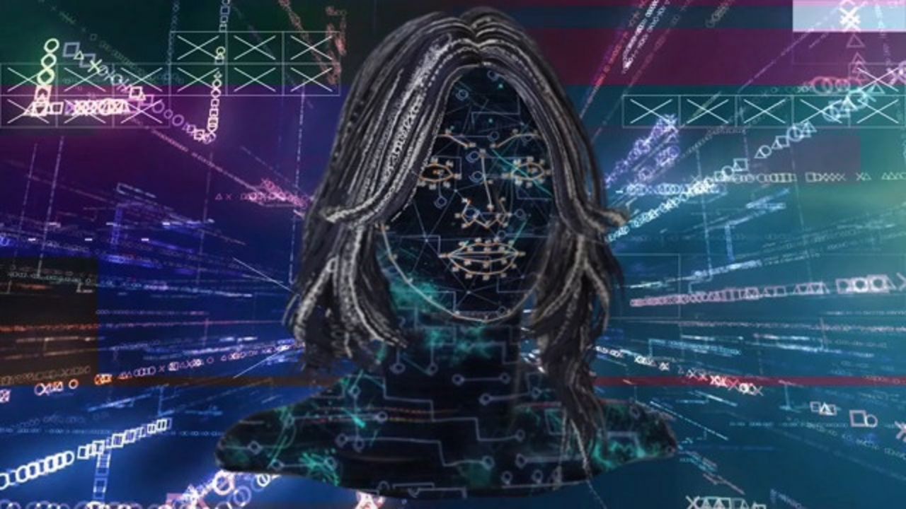 3D-Simulation eines Frauenkopfes, der aus vielen unterschiedlichen bunten Datenpunkten besteht