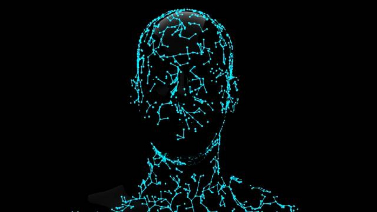 Helle Datenpunkte und Verbindungslinien legen sich auf die Konturen eines menschlichen Gesichts