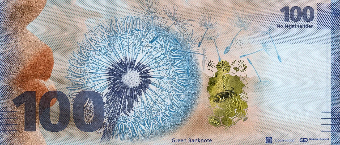 Modell eines Geldscheins mit einer Pusteblume und der Aufschrift 'Green Banknote'