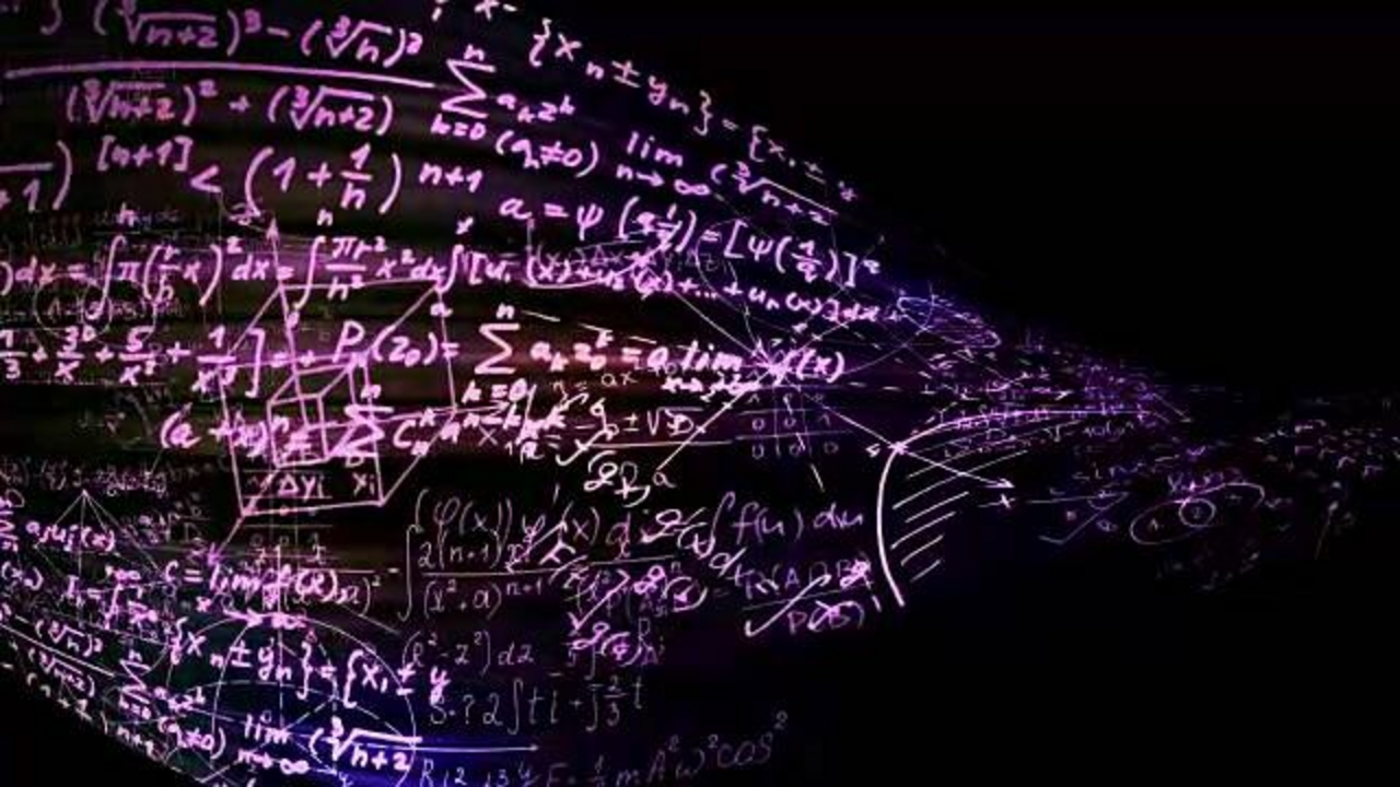 3D-Visualisierung von mathematischen Formeln in heller, pinkfarbener Schrift auf schwarzem Hintergrund