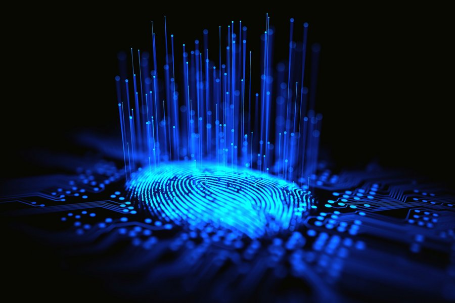 Digital biometric thumb print blue stock