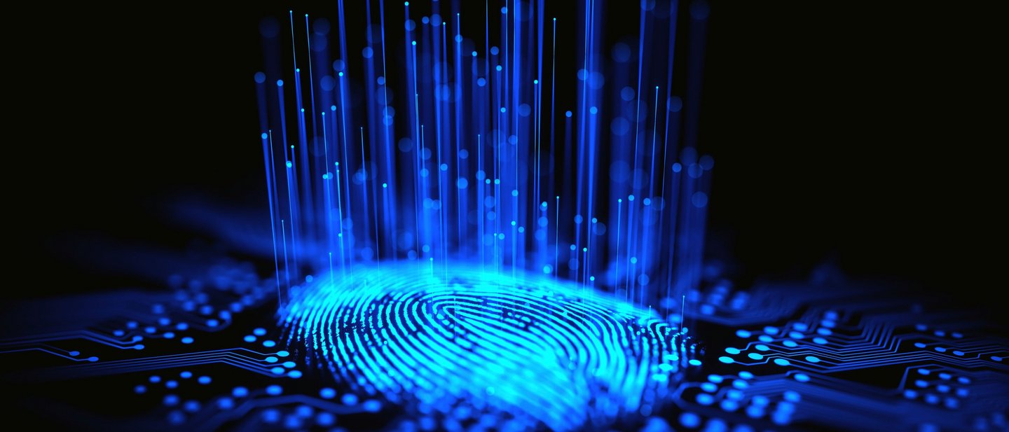 Digital biometric thumb print blue stock