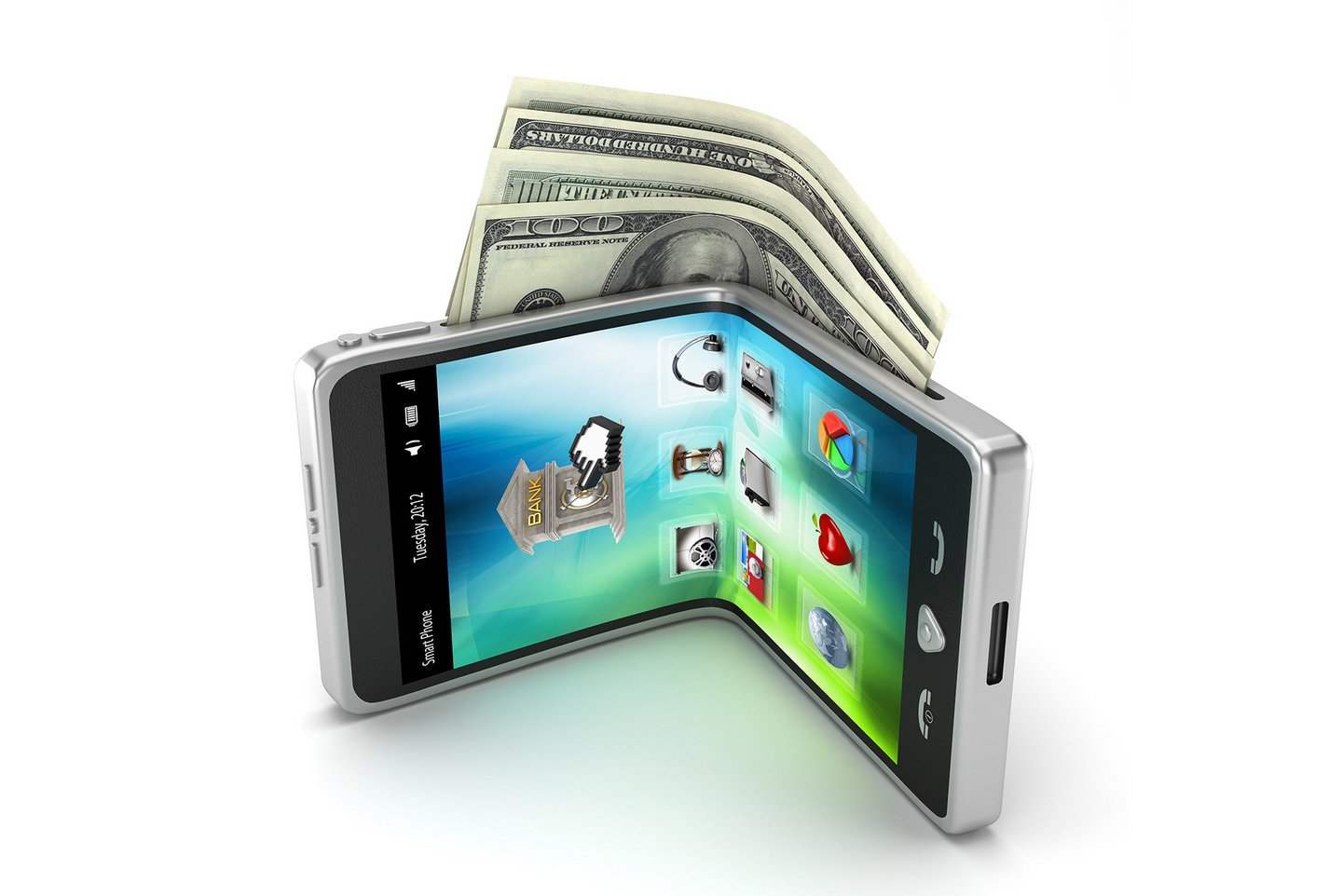 Wallet shaped smartphone with 100 dollar bills. Mobile payment concept, clipping path included. 