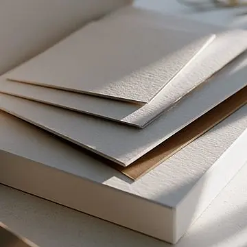 Eine geöffnete weiße Box mit geschichteten, strukturierten Papierkarten im warmen Sonnenlicht.