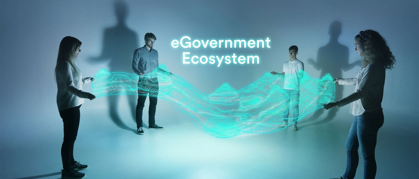 4 Personen spannen ein simuliertes digitales Netz, darüber steht 'eGovernment Ecosystem'