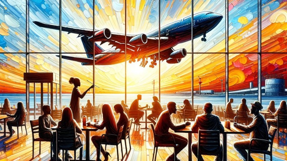 Psychedelic illustration showing the view from a busy airport lounge, with an airplane taking off against the backdrop of the sun