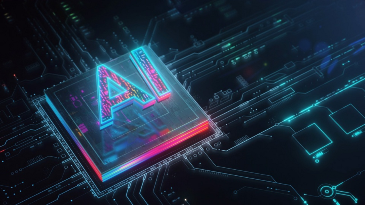 A multicolored animated clip showing a microprocessor, illuminated with the letters AI.