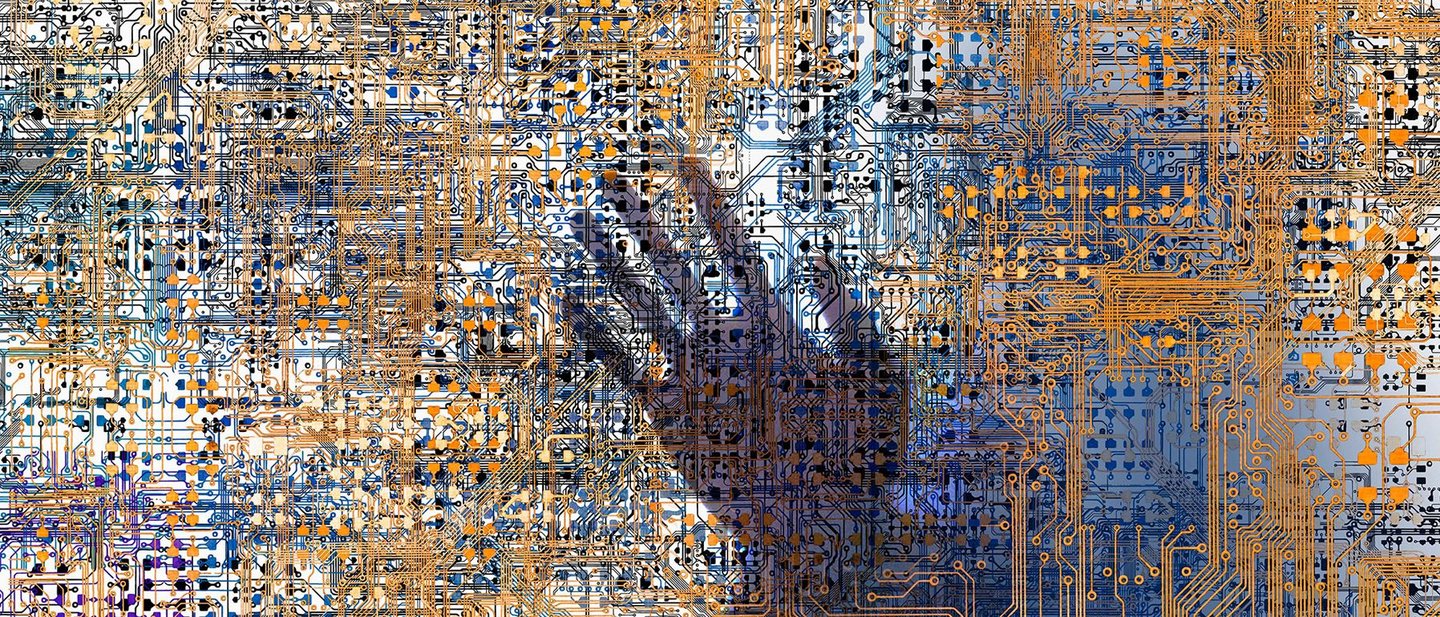 A ghostly hand is seen within a complex network of computer circuitry in an image about hackers, risk, and the downside of technology