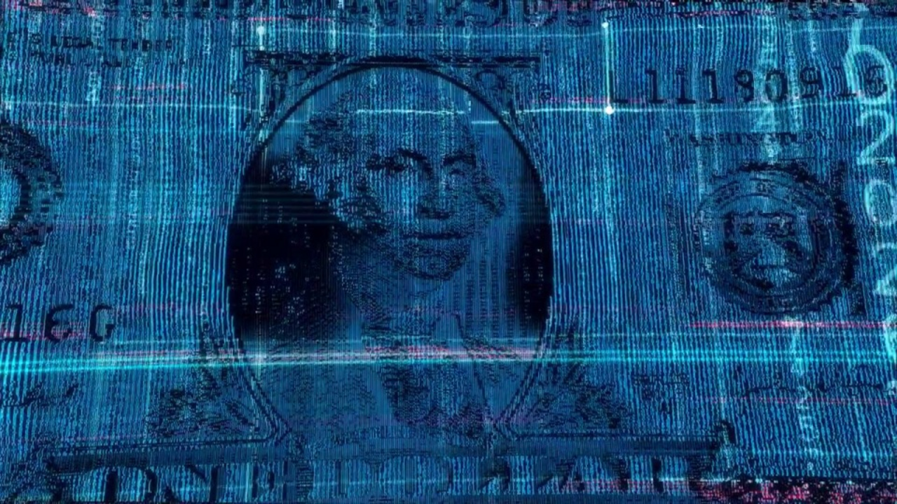 Close-up of a banknote consisting of tiny points of light, with transparent numbers and lines above them
