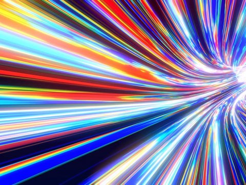 Darstellung der Geschwindigkeit des Lichts. Abstrakter Hintergrund mit futuristischem Fluss von Multicolor-Glow-Linien. Lichtstreifen fliegen an Kamera vorbei und Flug durch einen Datenfluss.