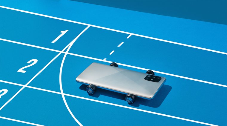 Smartphone on wheels on a track